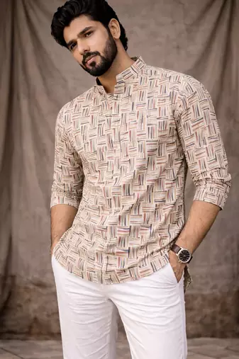 White color linen fabric smart and casual short kurta for men's