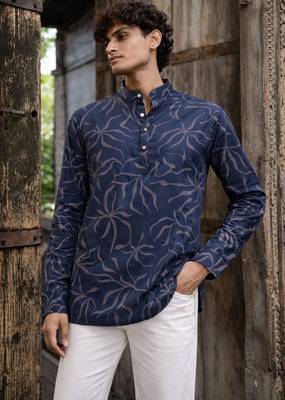 Navy blue color linen fabric smart and casual short kurta for men's 1
