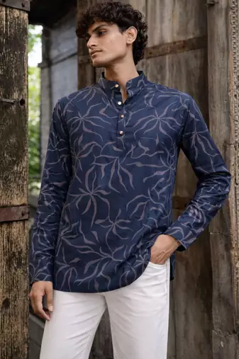 Navy blue color linen fabric smart and casual short kurta for men's