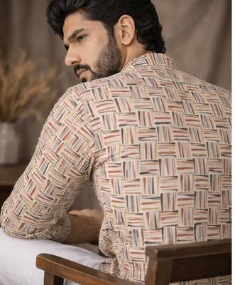 White color linen fabric smart and casual short kurta for men's 2