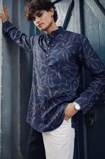 Navy blue color linen fabric smart and casual short kurta for men's