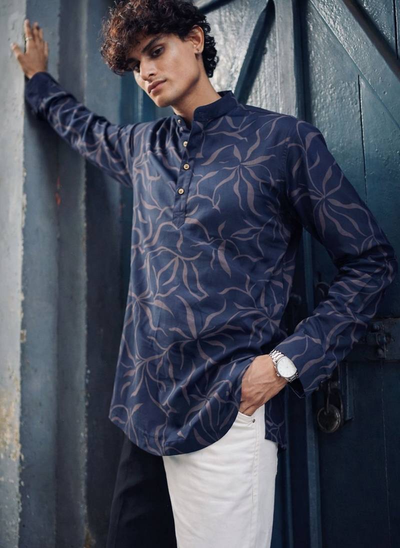 Navy blue color linen fabric smart and casual short kurta for men's