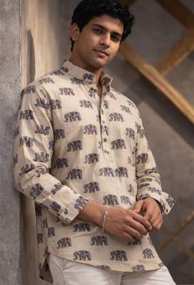 White color linen fabric smart and casual short kurta for men's 3