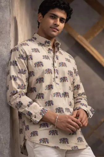 White color linen fabric smart and casual short kurta for men's
