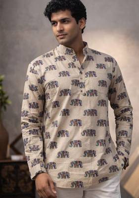 White color linen fabric smart and casual short kurta for men's 4