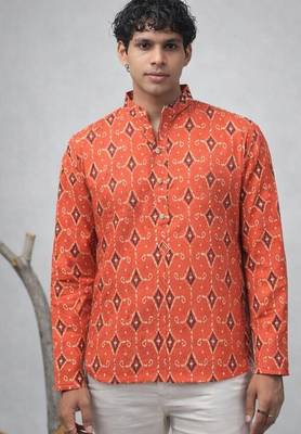 Orange color linen fabric smart and casual short kurta for men's 1
