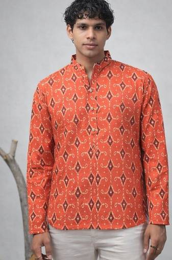 Orange color linen fabric smart and casual short kurta for men's