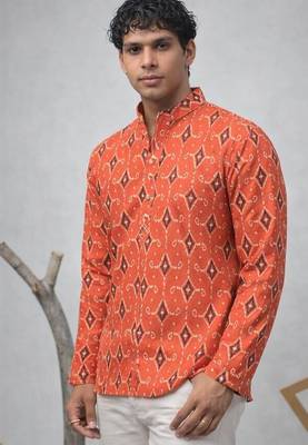 Orange color linen fabric smart and casual short kurta for men's 3