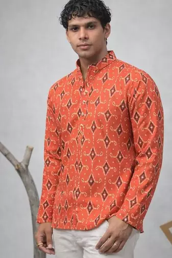Orange color linen fabric smart and casual short kurta for men's