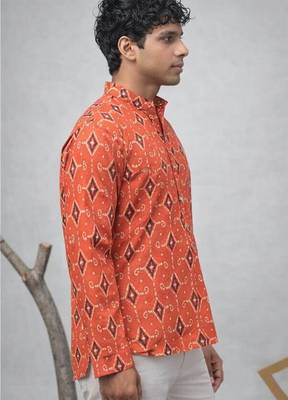 Orange color linen fabric smart and casual short kurta for men's 4
