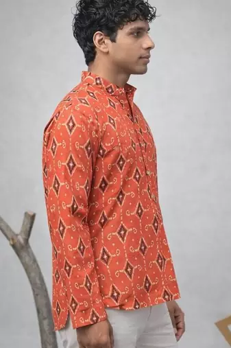 Orange color linen fabric smart and casual short kurta for men's