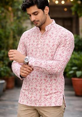 White color linen fabric smart and casual short kurta for men's 3