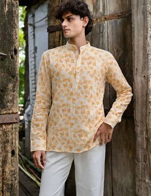 Yellow color linen fabric smart and casual short kurta for men's 1