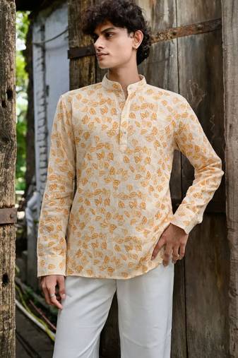 Yellow color linen fabric smart and casual short kurta for men's