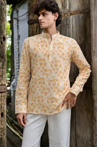 Yellow color linen fabric smart and casual short kurta for men's