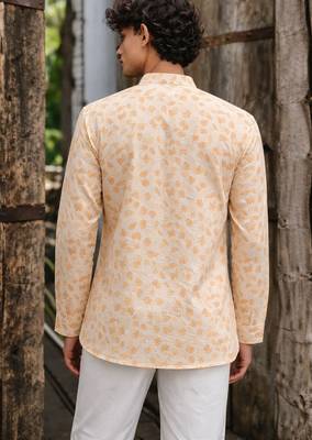 Yellow color linen fabric smart and casual short kurta for men's 2