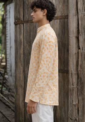 Yellow color linen fabric smart and casual short kurta for men's 3