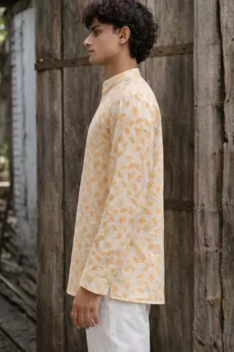 Yellow color linen fabric smart and casual short kurta for men's