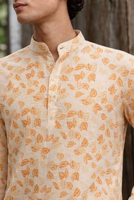 Yellow color linen fabric smart and casual short kurta for men's 4