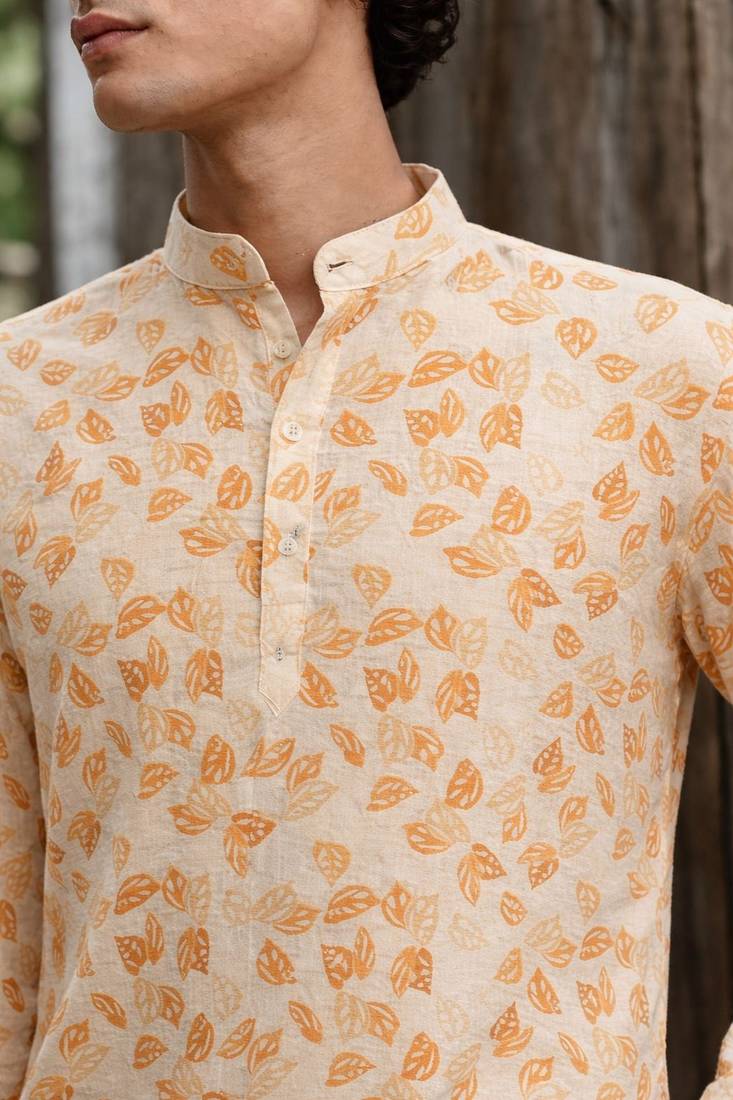 Yellow color linen fabric smart and casual short kurta for men's