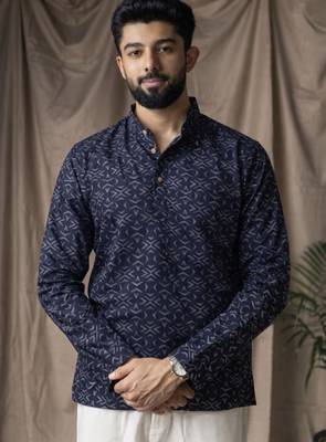 Black color linen fabric smart and casual short kurta for men's 1