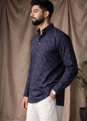 Black color linen fabric smart and casual short kurta for men's 3