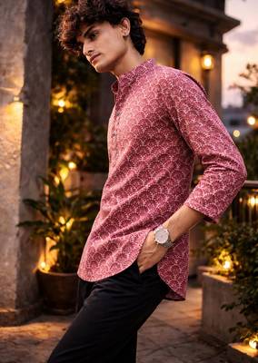 Maroon color linen fabric smart and casual short kurta for men's 1