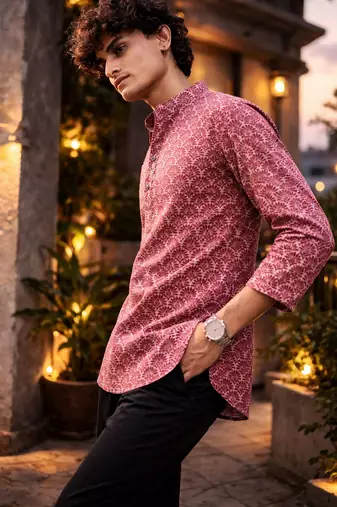 Maroon color linen fabric smart and casual short kurta for men's