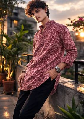 Maroon color linen fabric smart and casual short kurta for men's 3