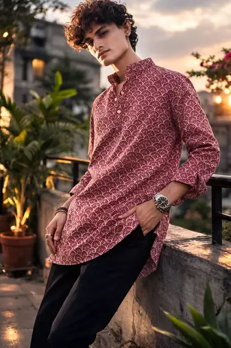 Maroon color linen fabric smart and casual short kurta for men's