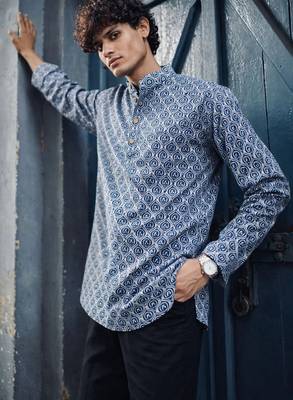 Blue color linen fabric smart and casual short kurta for men's 1