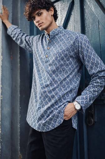 Blue color linen fabric smart and casual short kurta for men's