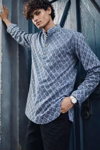 Blue color linen fabric smart and casual short kurta for men's