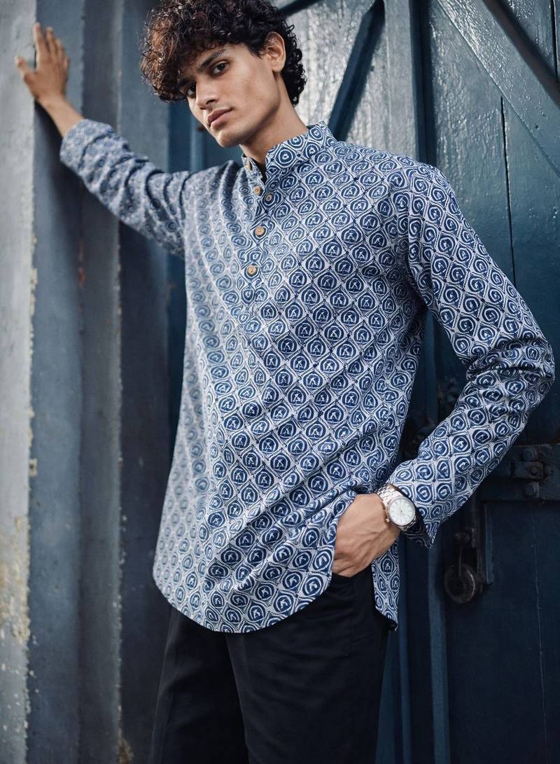 Blue color linen fabric smart and casual short kurta for men's