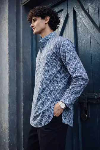 Blue color linen fabric smart and casual short kurta for men's