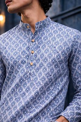 Blue color linen fabric smart and casual short kurta for men's 4