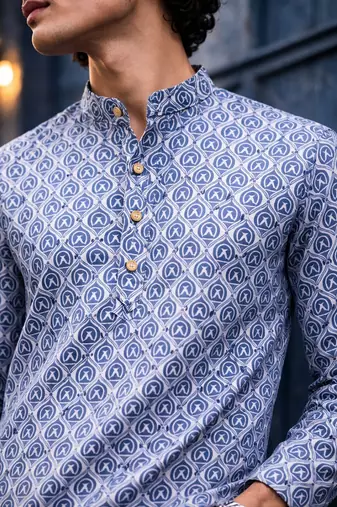 Blue color linen fabric smart and casual short kurta for men's