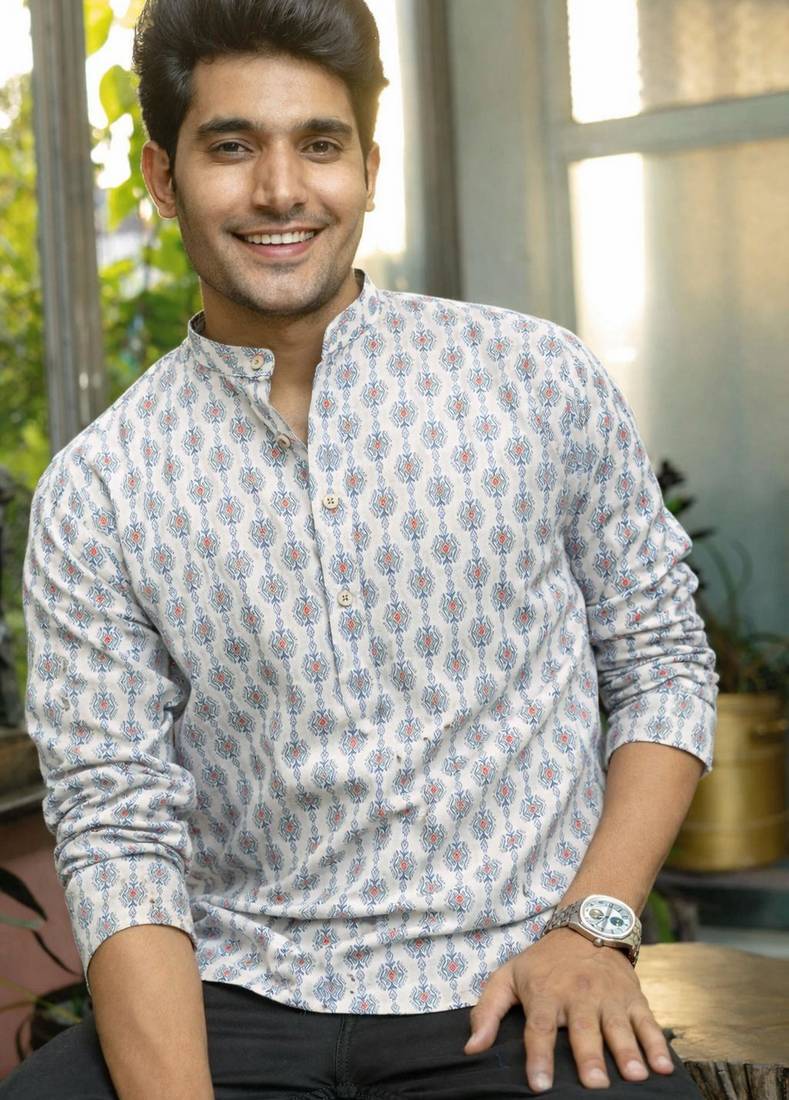 White color linen fabric smart and casual short kurta for men's