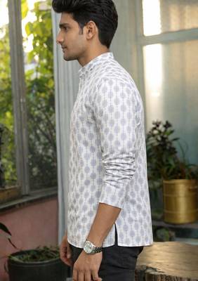 White color linen fabric smart and casual short kurta for men's 3