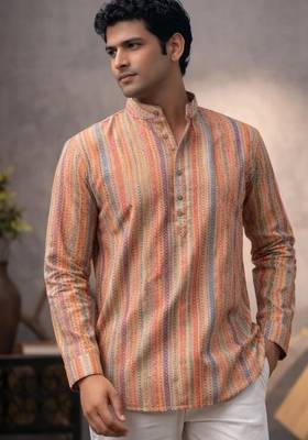 Orange color linen fabric smart and casual short kurta for men's 1