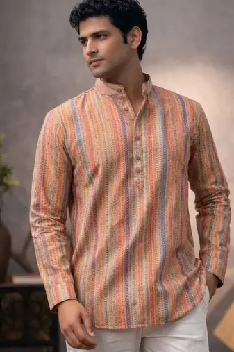 Orange color linen fabric smart and casual short kurta for men's