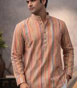 Orange color linen fabric smart and casual short kurta for men's