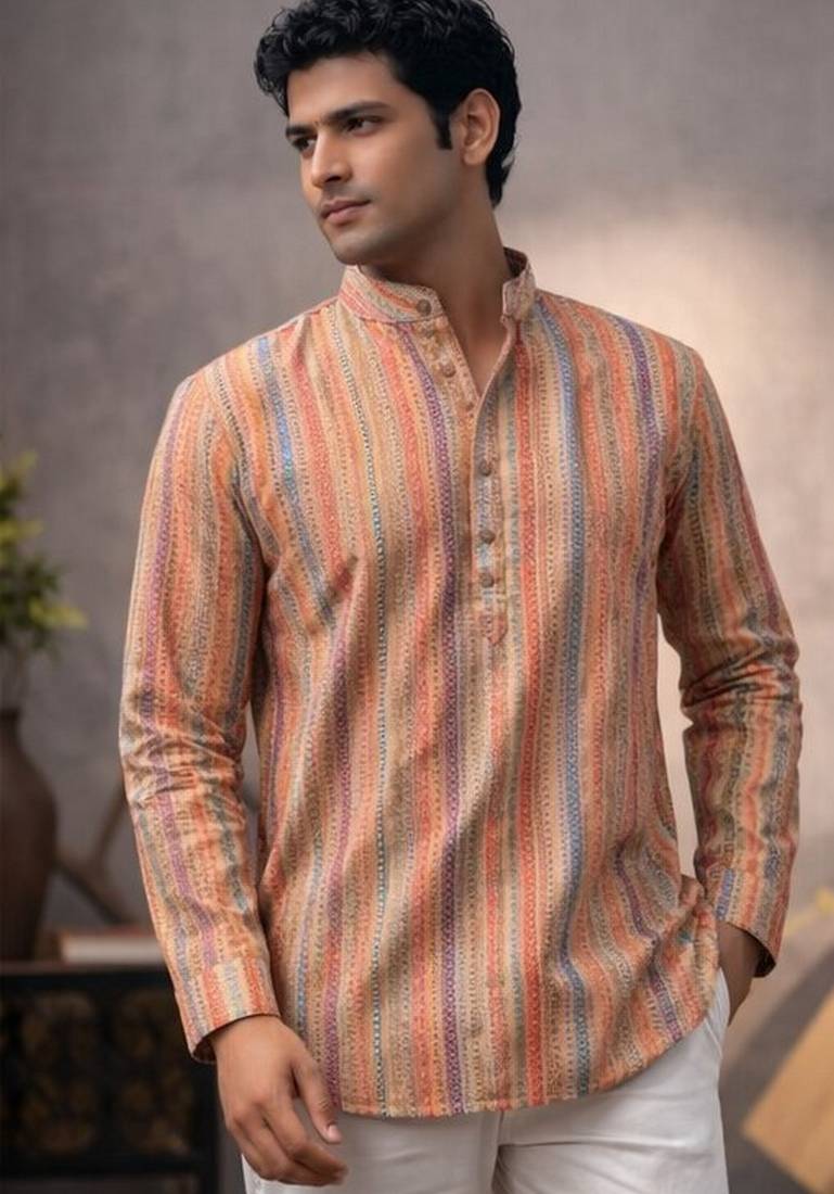 Orange color linen fabric smart and casual short kurta for men's