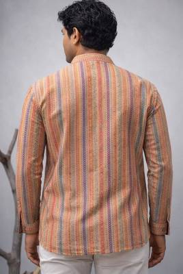 Orange color linen fabric smart and casual short kurta for men's 2