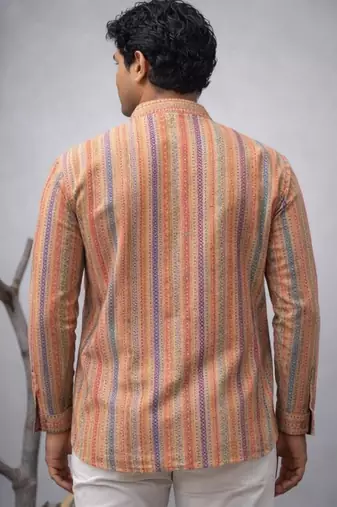 Orange color linen fabric smart and casual short kurta for men's