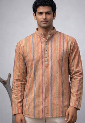 Orange color linen fabric smart and casual short kurta for men's 3