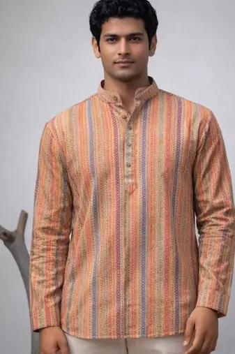 Orange color linen fabric smart and casual short kurta for men's