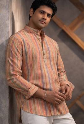 Orange color linen fabric smart and casual short kurta for men's 4