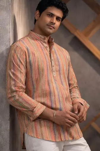 Orange color linen fabric smart and casual short kurta for men's
