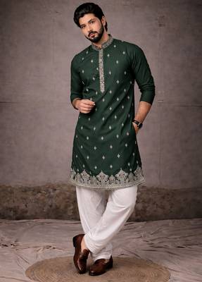 Green color designer embroidered men's ceremonial kurta payjama 1